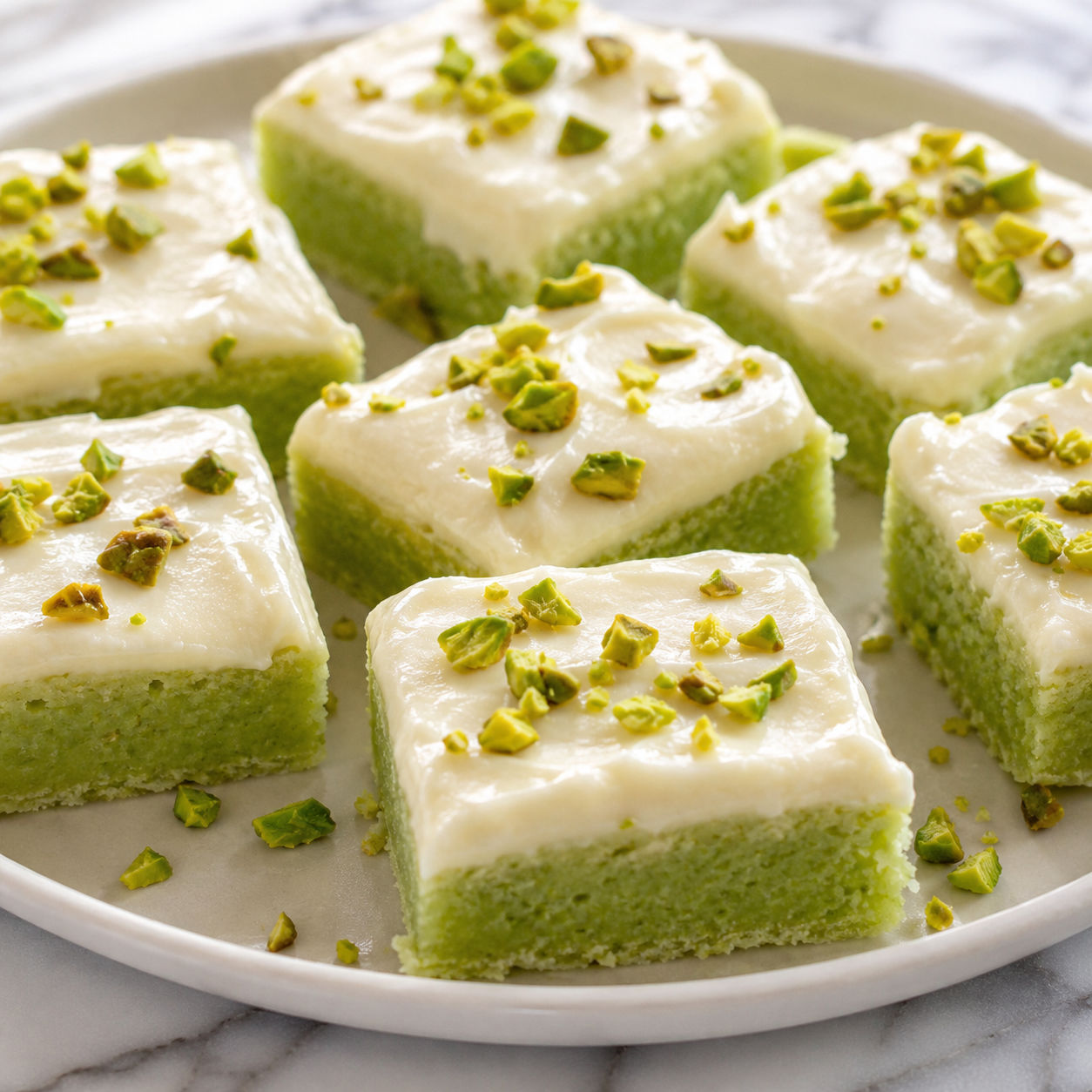 Soft pistachio pudding sugar cookie bars with cream cheese frosting and chopped pistachios