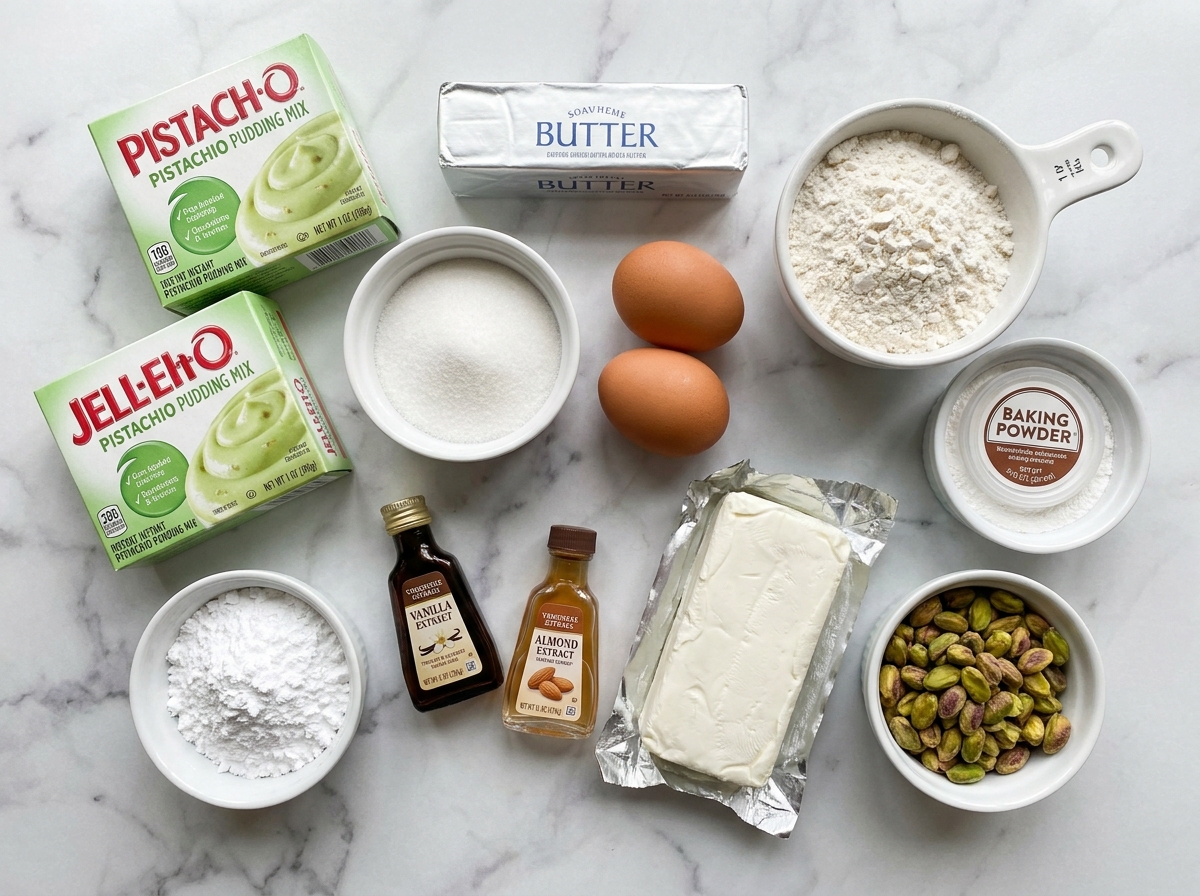 Raw ingredients for pistachio pudding sugar cookie bars on a white counter