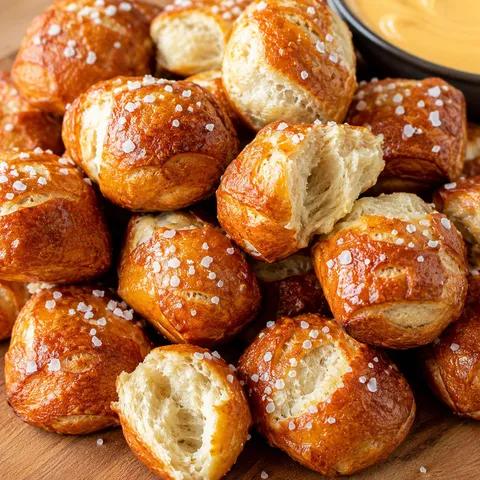 Golden soft pretzel bites with coarse salt and cheese dip