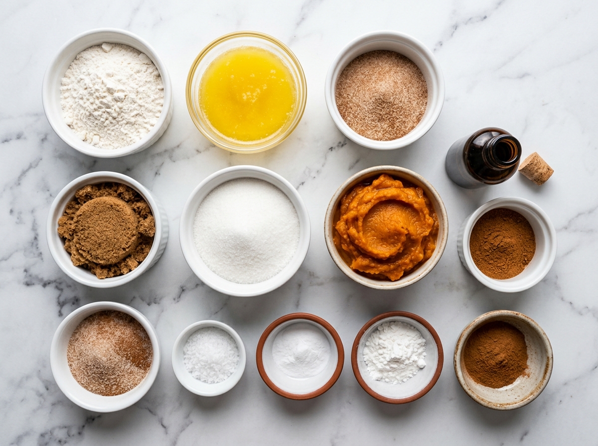 Ingredients for pumpkin snickerdoodles with cinnamon sugar on a wooden surface