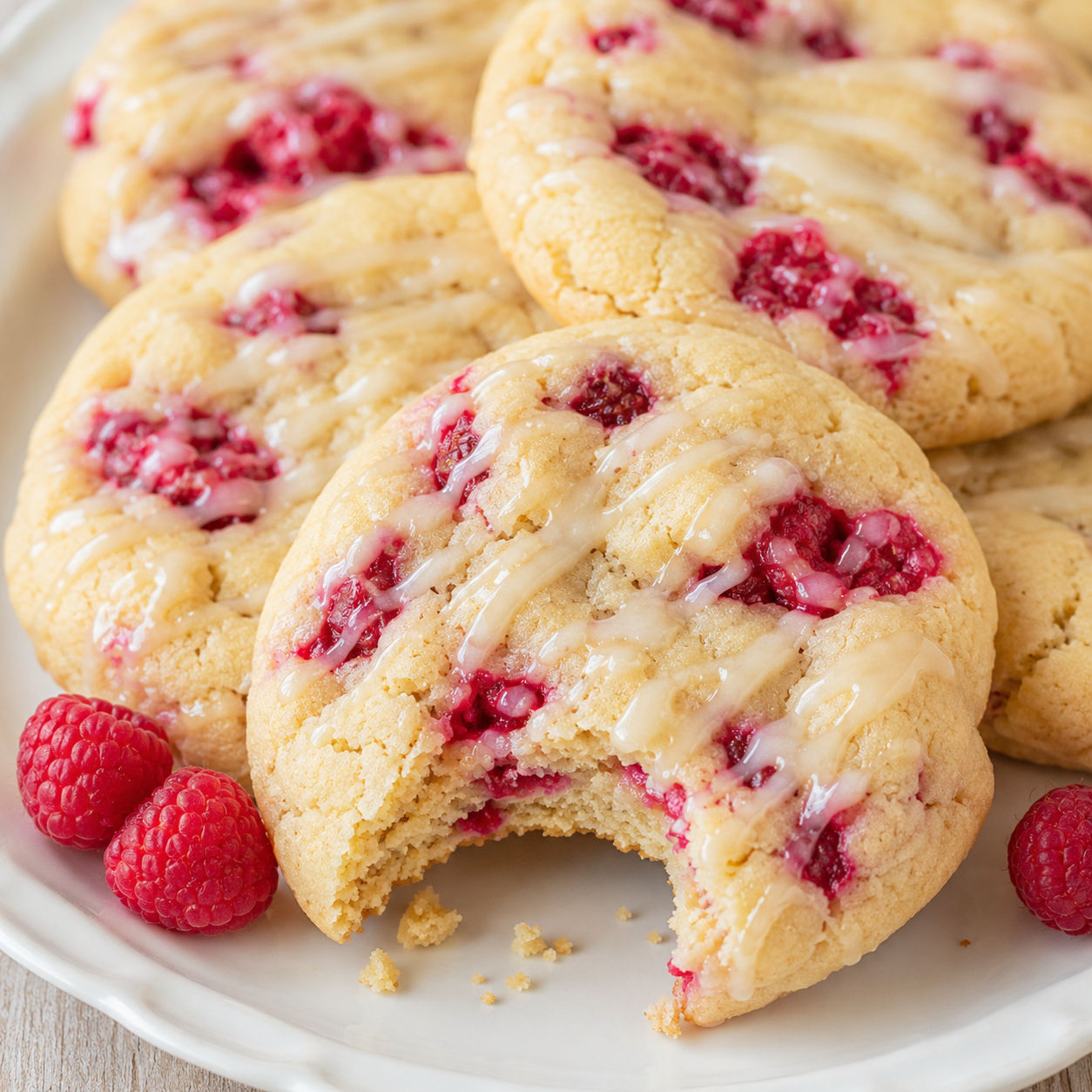 Soft raspberry cookies with lemon glaze and ruby berry pockets