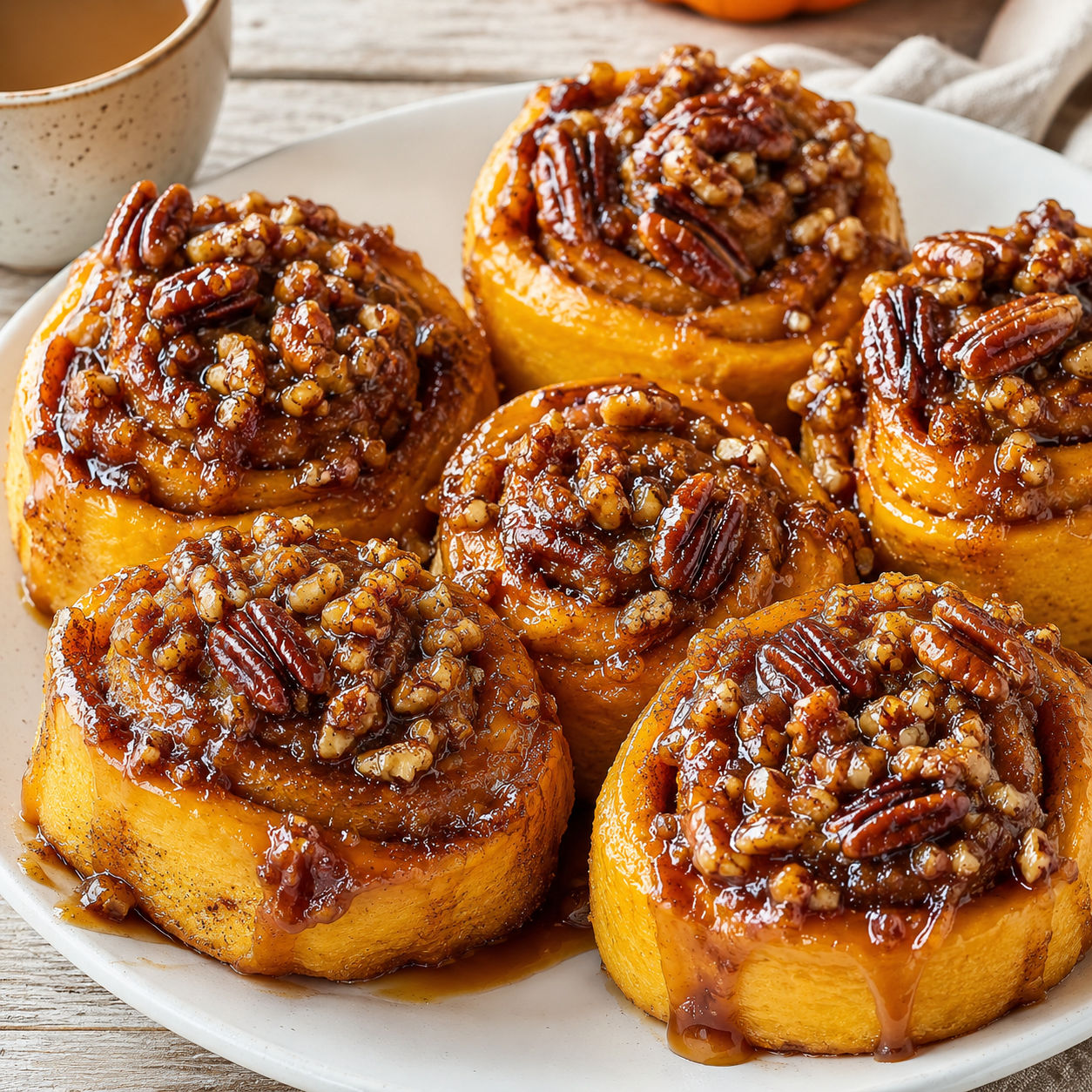 Pumpkin pecan buns with glossy maple topping on a white platter