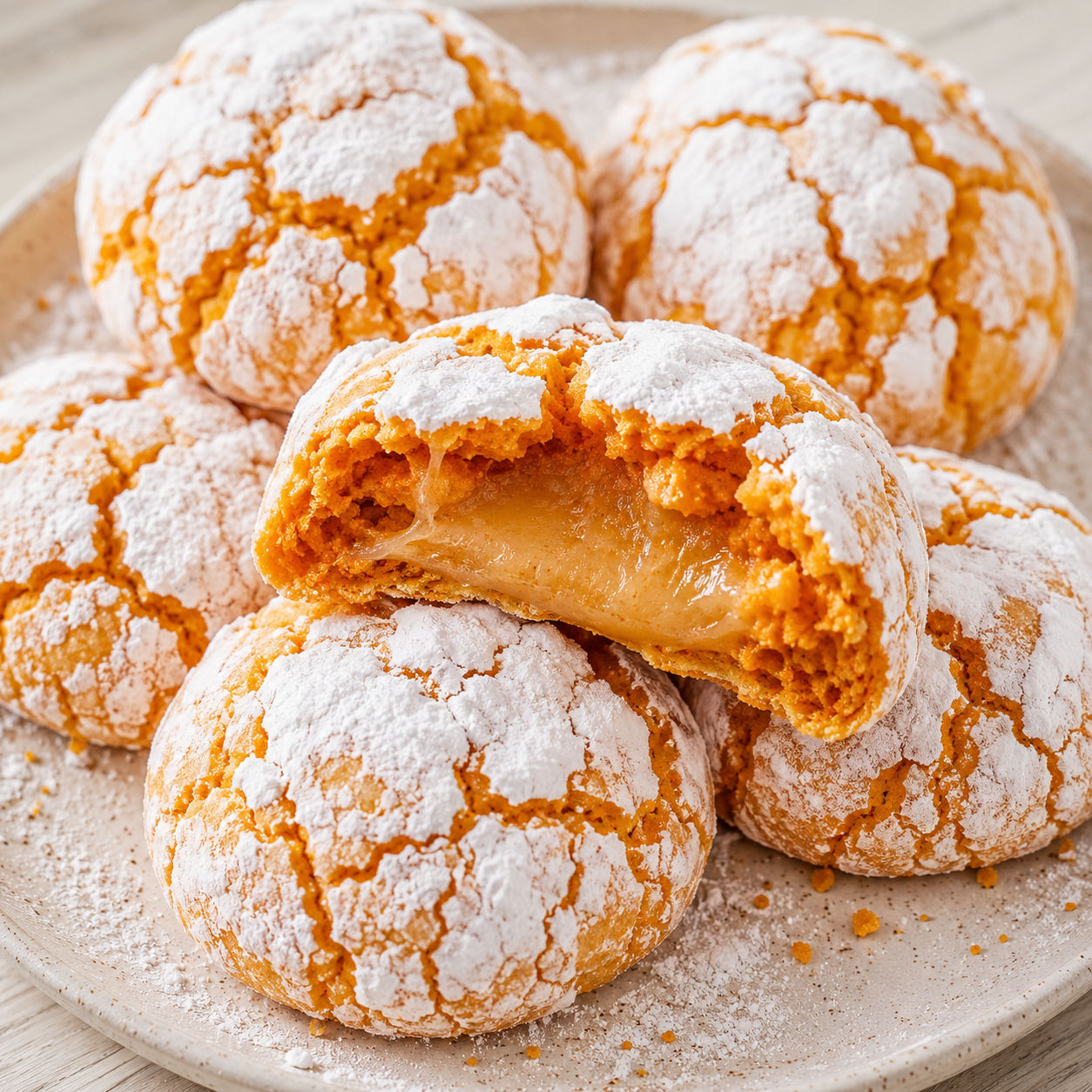 Thai tea mochi crinkle cookies with snowy cracks and chewy centers