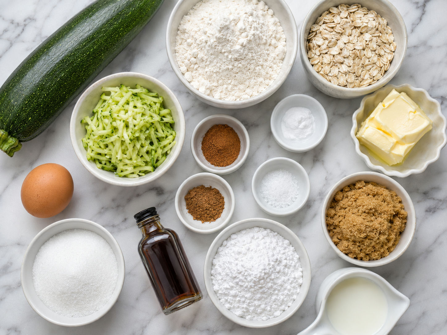 Ingredients for soft zucchini cookies with oats, spices, butter, and glaze