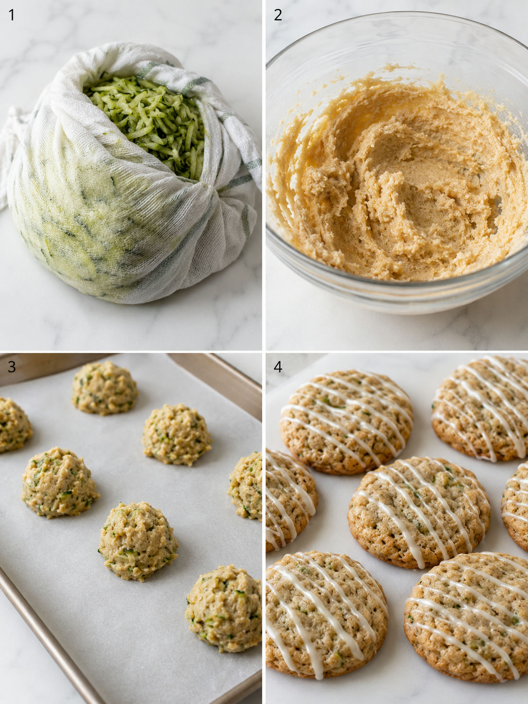 Four steps for making soft zucchini cookies with glaze