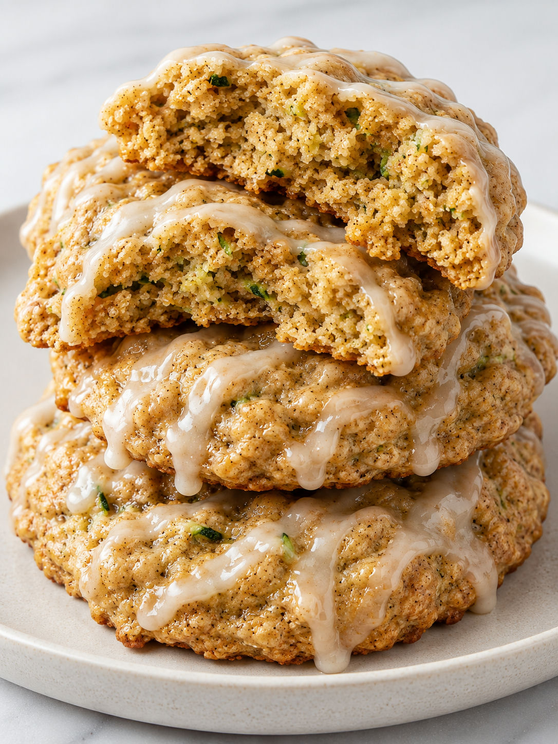 Stacked soft zucchini cookies with vanilla glaze and tender centers
