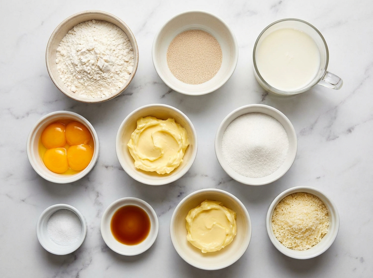Ingredients for ensaymada bread with butter, sugar, milk, eggs, and flour