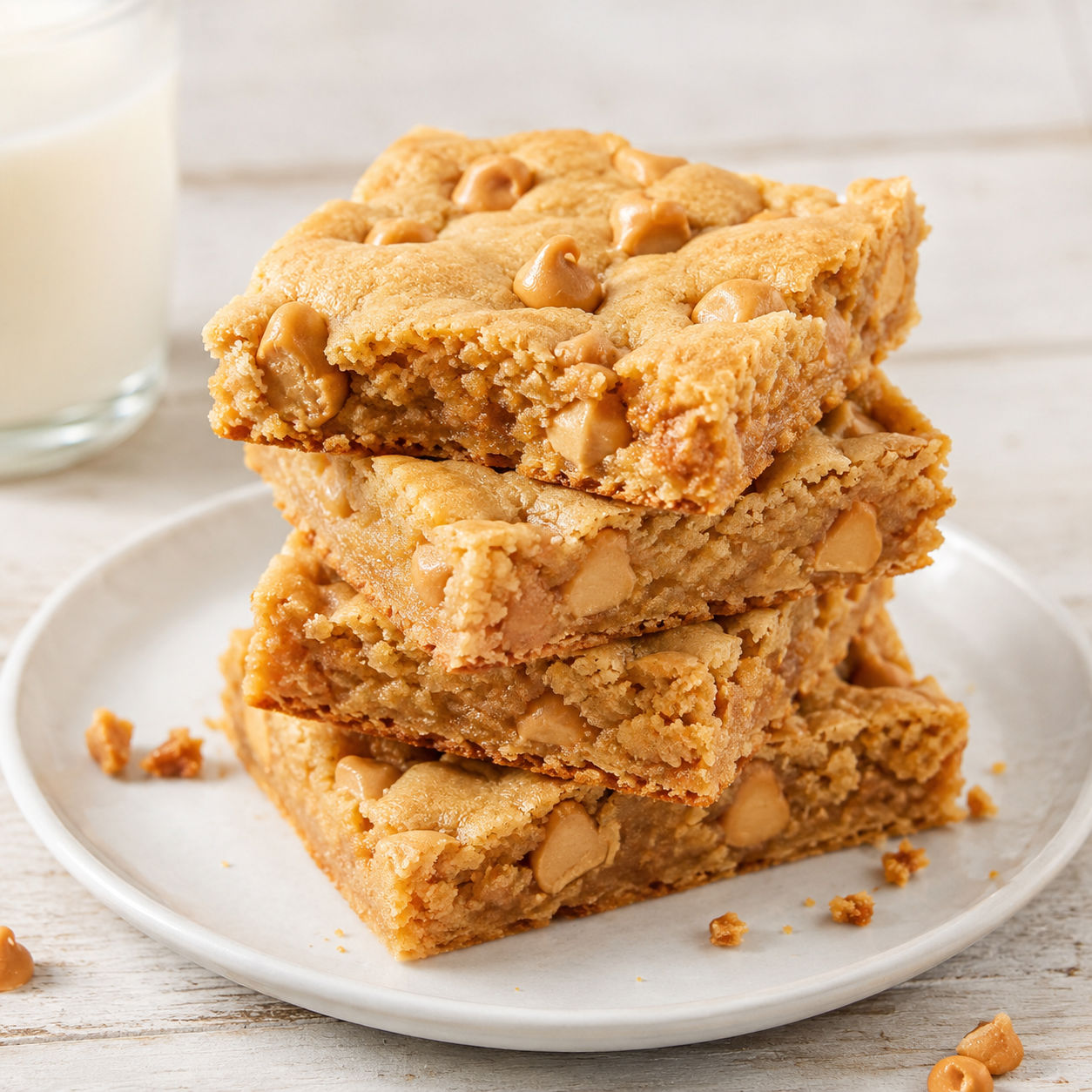 Soft peanut butter cookie bars stacked with chips and golden edges