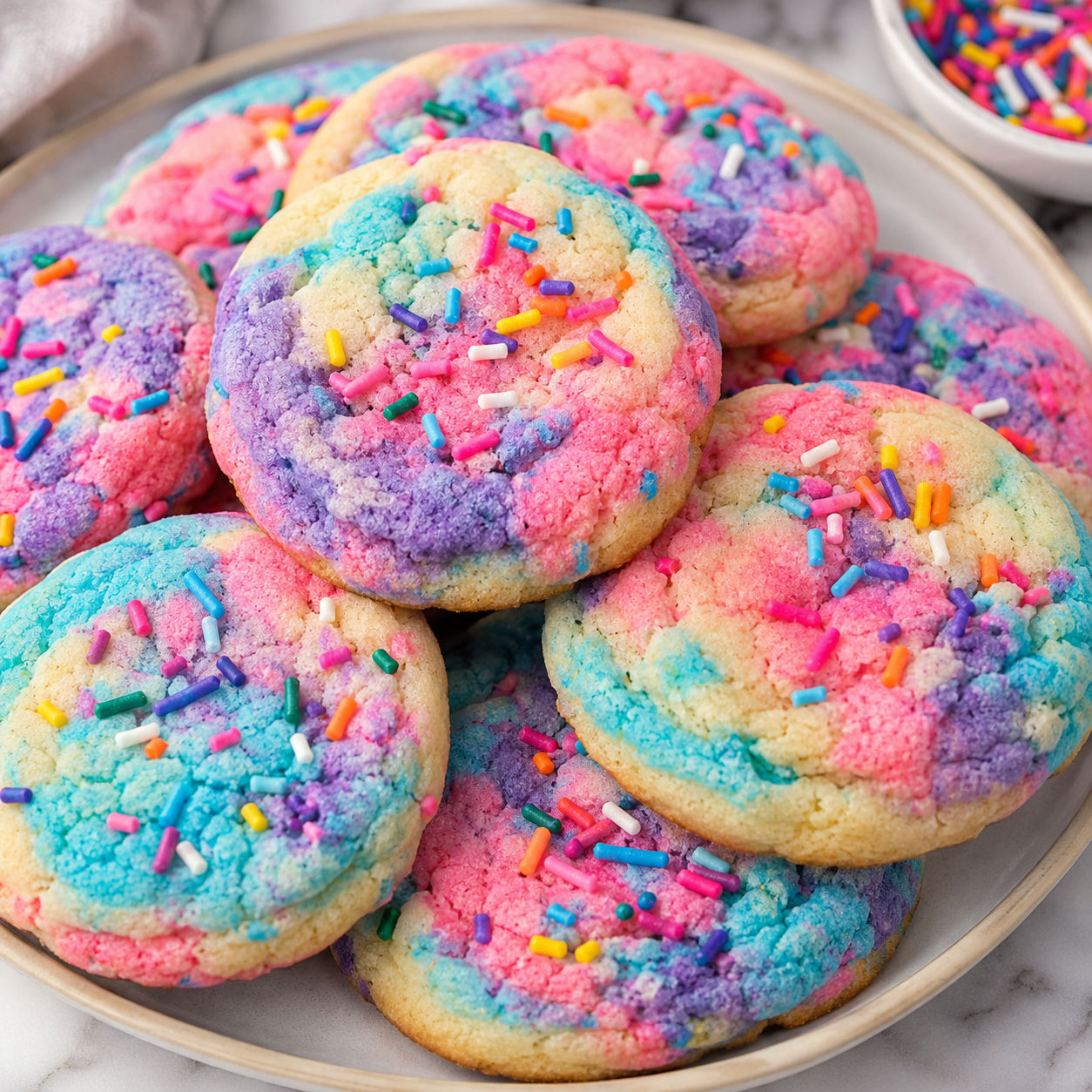 Pastel unicorn sugar cookies with rainbow sprinkles on a ceramic plate