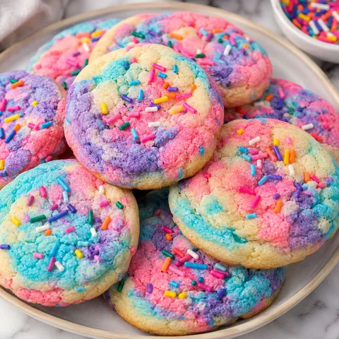 Pastel unicorn sugar cookies with rainbow sprinkles on a ceramic plate