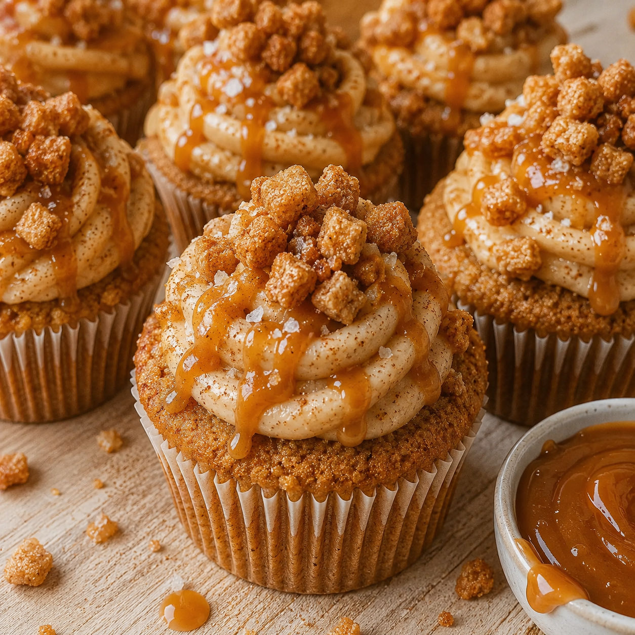 Churro caramel cupcakes with cinnamon crunch and caramel drizzle
