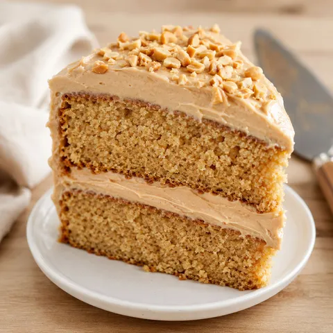 Soft peanut butter layer cake with creamy frosting and chopped peanuts