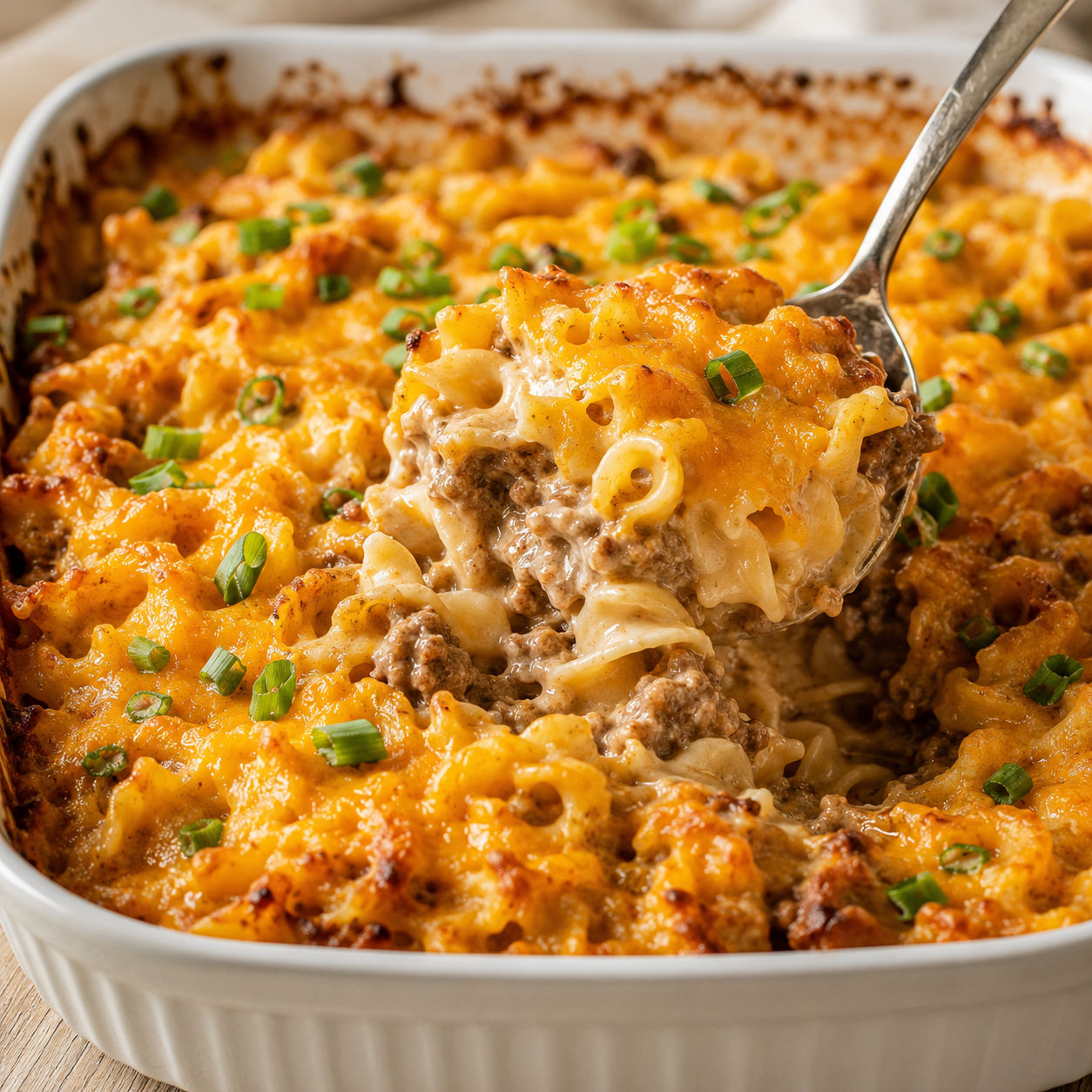 Baked sour cream noodle casserole with melted cheddar and green onions