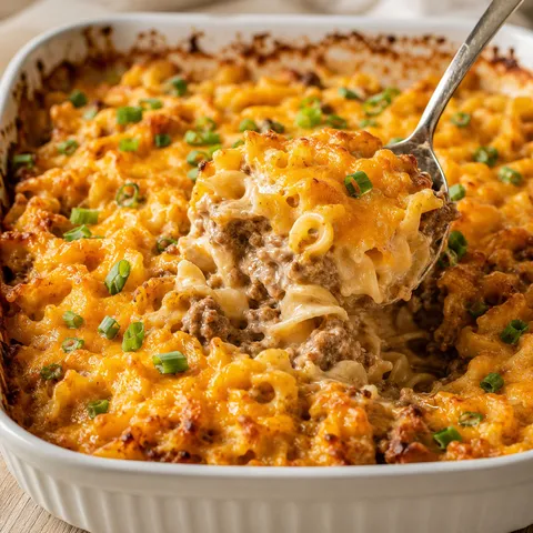 Baked sour cream noodle casserole with melted cheddar and green onions