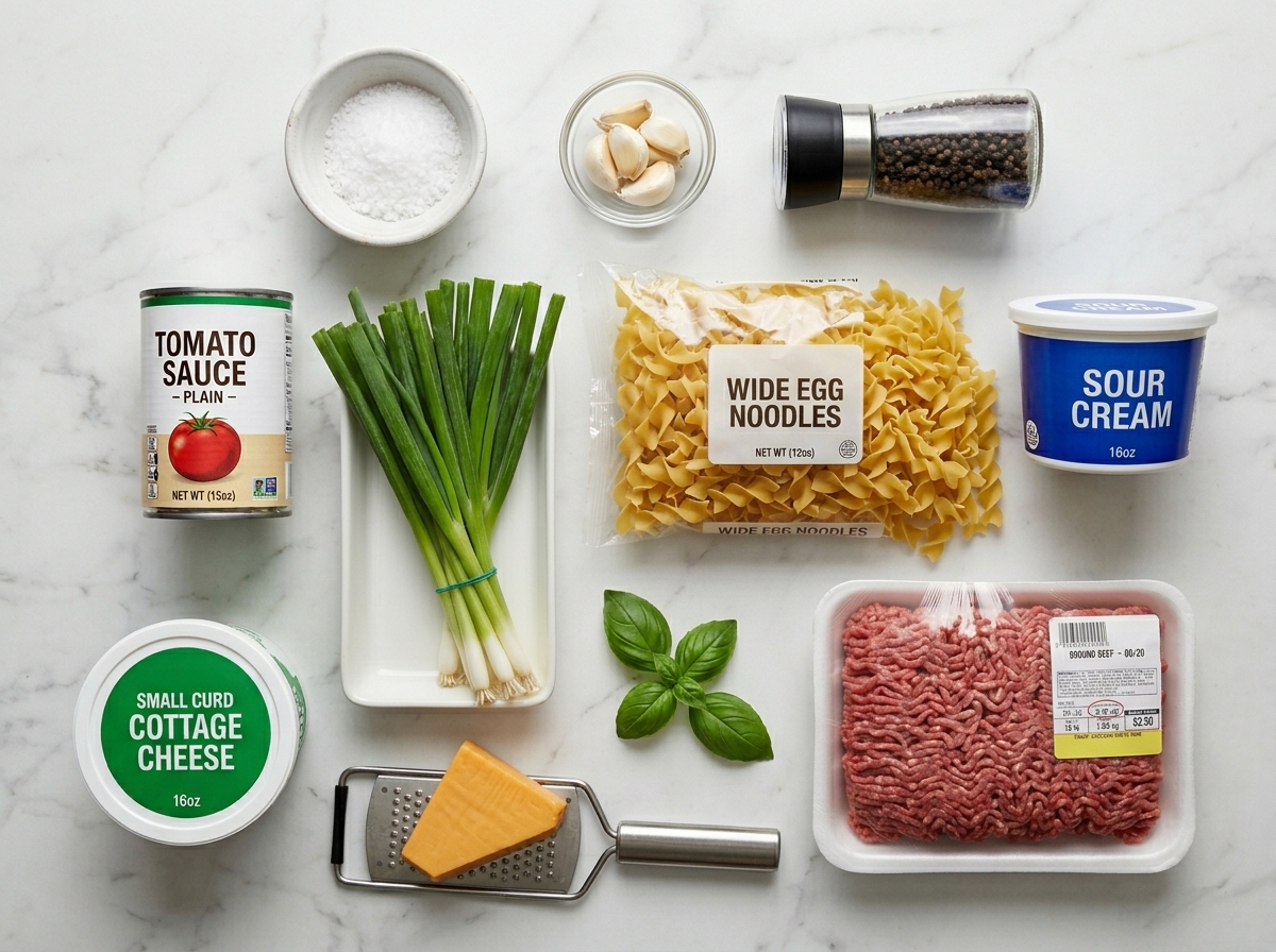Raw ingredients for sour cream noodle bake on a wooden counter