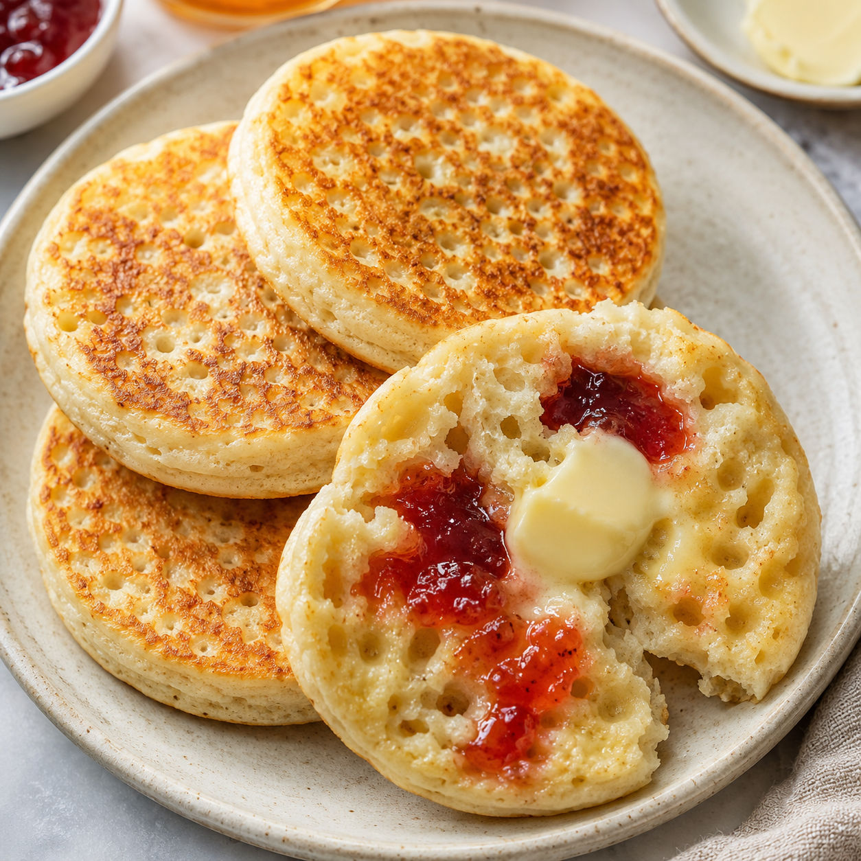 Sourdough crumpets with melting butter and berry jam on a plate