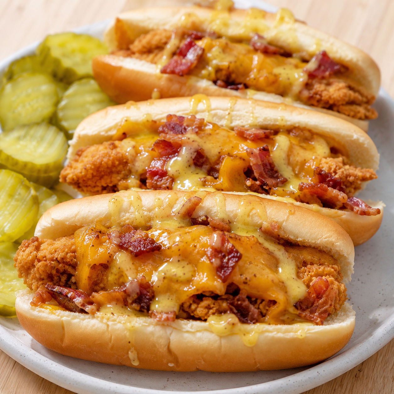South Carolina bird dog sandwiches with chicken, bacon, cheddar, and honey mustard