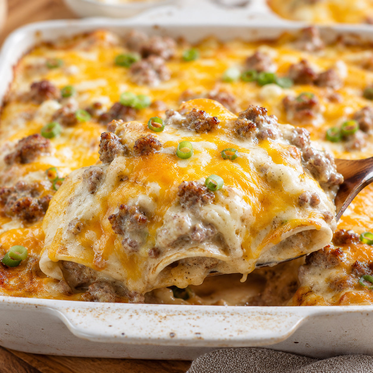Southern breakfast enchiladas with sausage gravy, cheese, and green onions