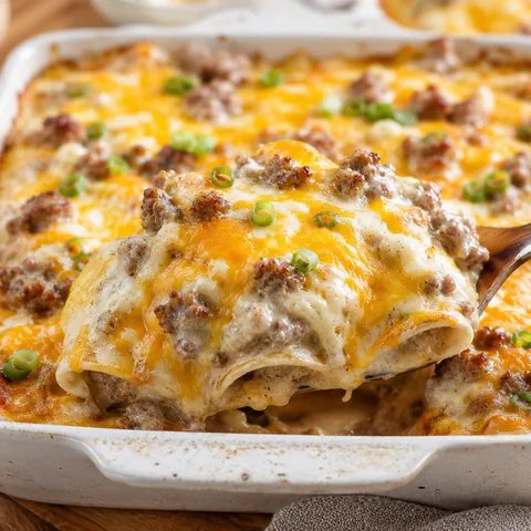 Southern breakfast enchiladas with sausage gravy, cheese, and green onions