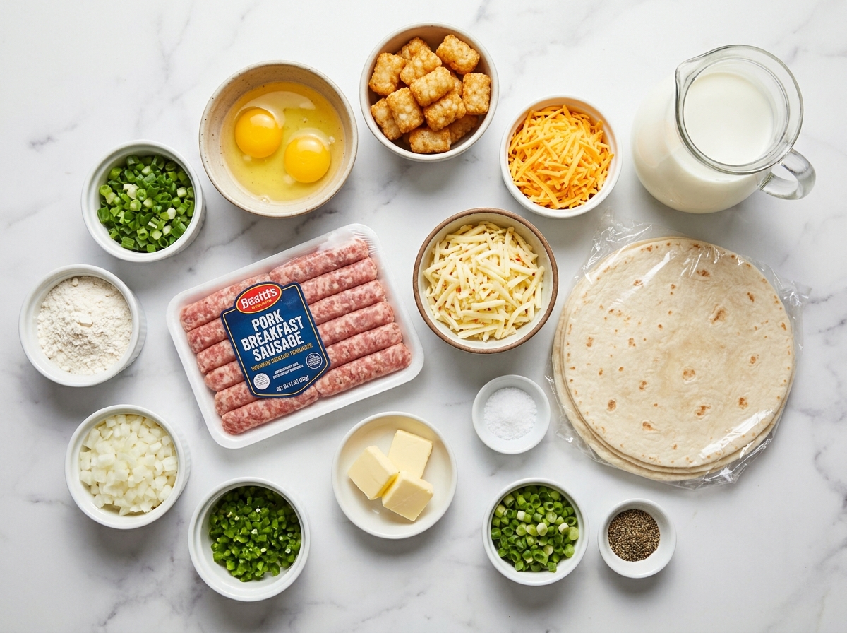 Ingredients for breakfast enchiladas with sausage gravy and cheese