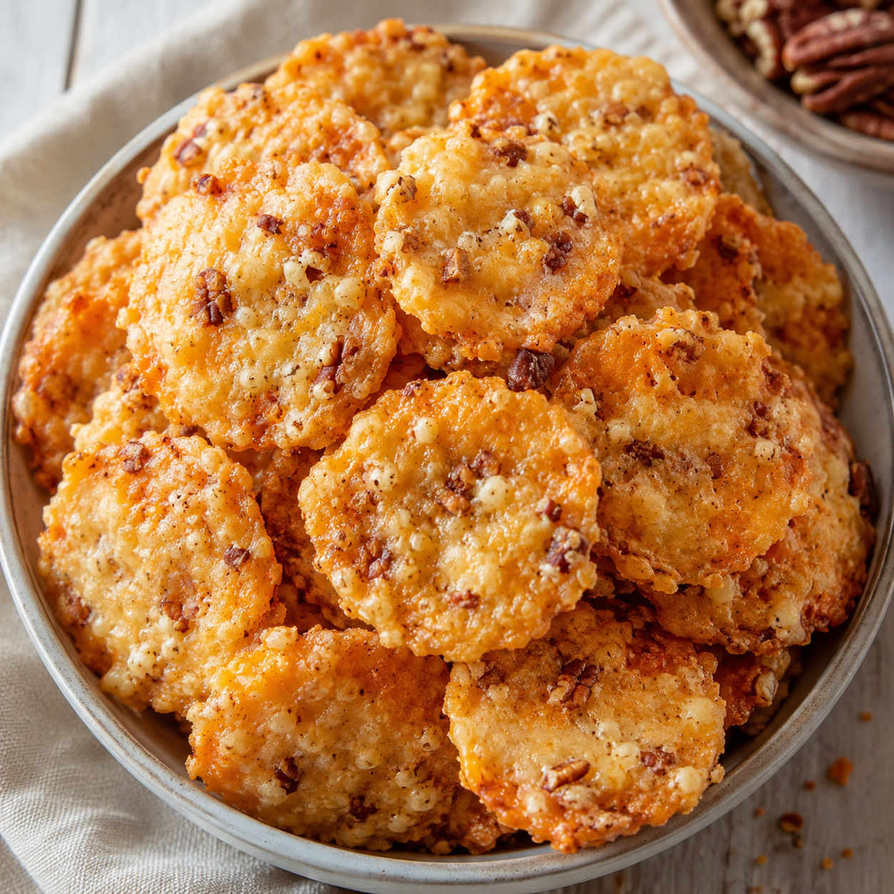 Southern cheese pecan crackers in a bowl with toasted pecan flecks