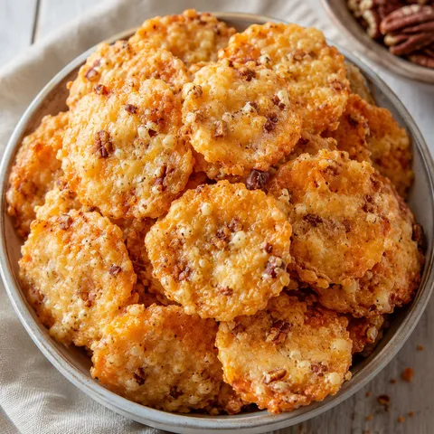 Southern cheese pecan crackers in a bowl with toasted pecan flecks