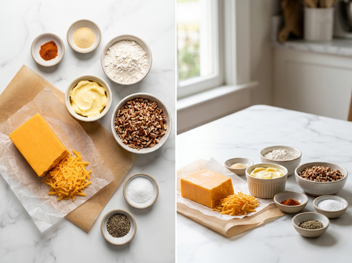 Sharp cheddar, pecans, butter, flour, and spices for cheese crackers