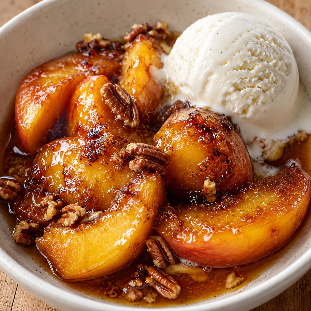 Southern fried peaches with brown sugar butter sauce and vanilla ice cream