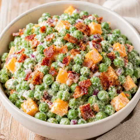 Southern pea salad with bacon, cheddar, and creamy dressing in a white bowl