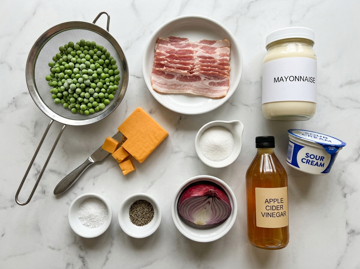 Raw ingredients for southern pea salad on a wooden surface