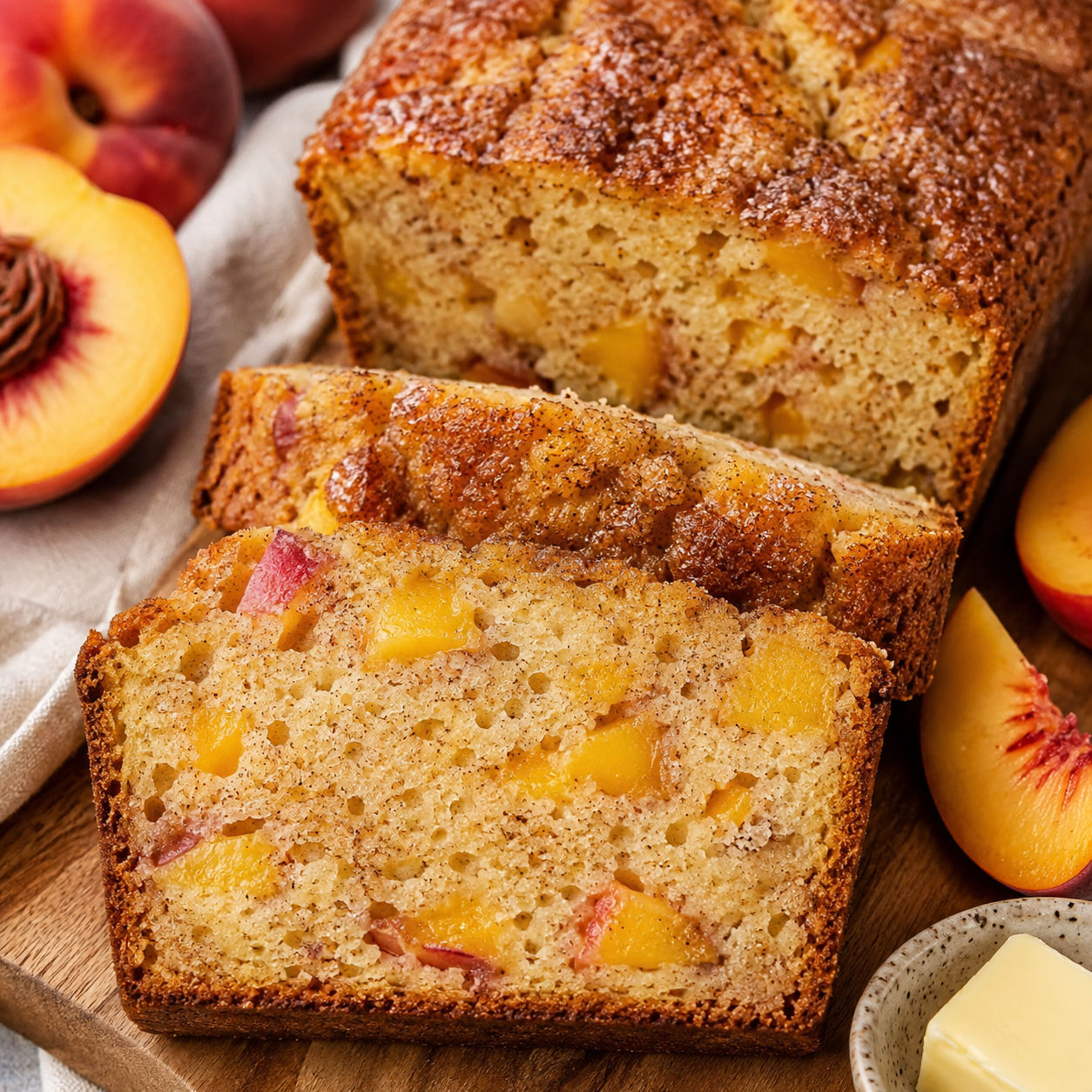 Southern peach bread loaf with fresh peach pieces and cinnamon sugar top