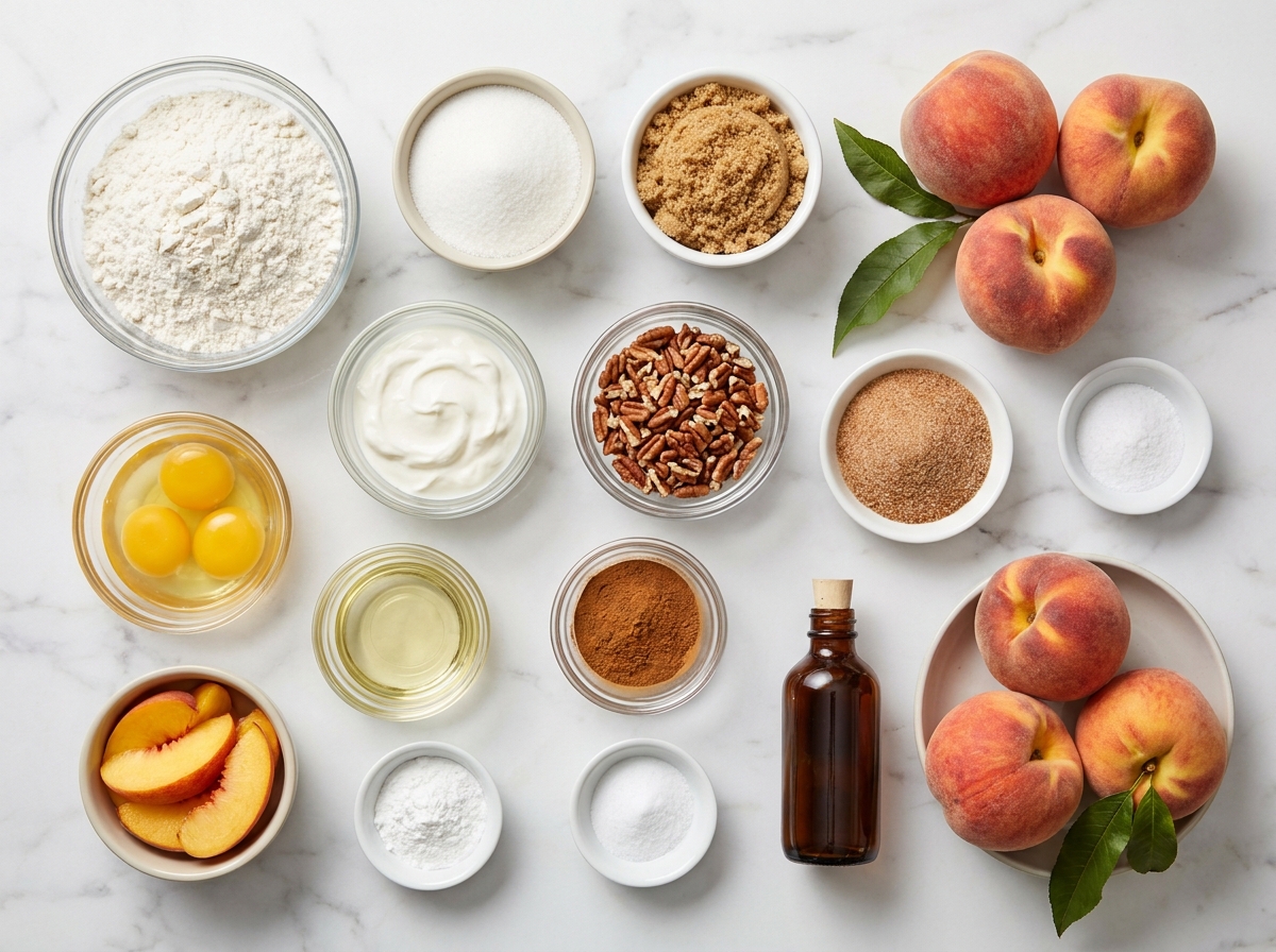 Ingredients for Southern peach bread with peaches, cinnamon, vanilla, and pecans