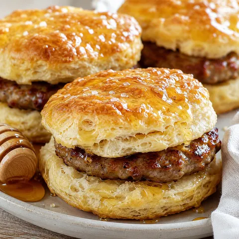 Southern sausage biscuits with honey butter and browned sausage inside