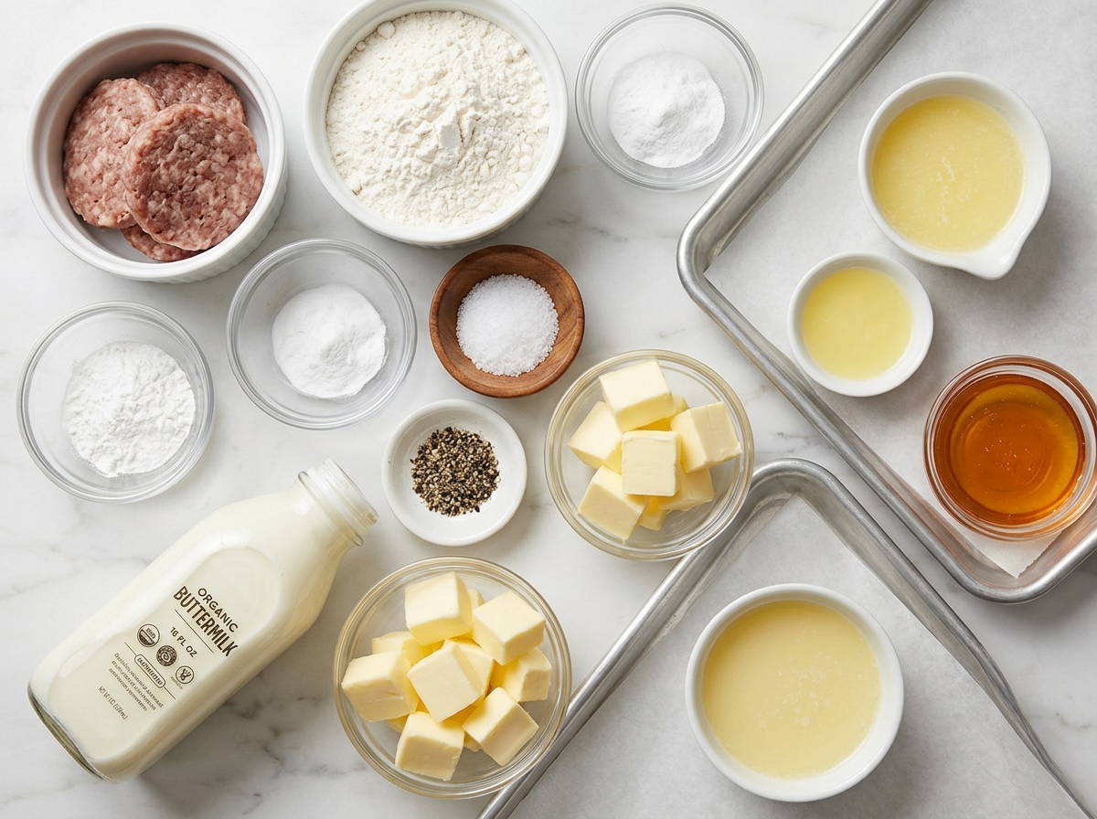 Ingredients for sausage biscuits with buttermilk, butter, honey, and flour