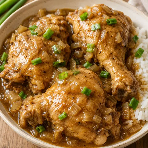 Southern smothered chicken with onion gravy and green onion