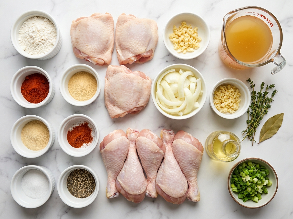 Raw chicken, onions, broth, flour, and spices for smothered chicken
