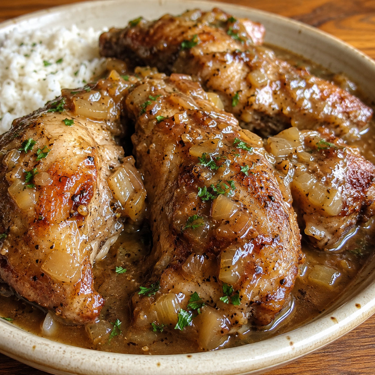 Southern smothered turkey wings with brown gravy and parsley