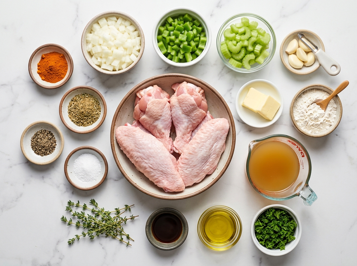 Raw turkey wings, vegetables, seasonings, stock, butter, and flour for gravy