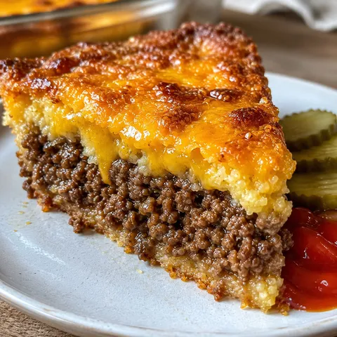 Southern cheeseburger pie slice with cheddar, beef, and pickles