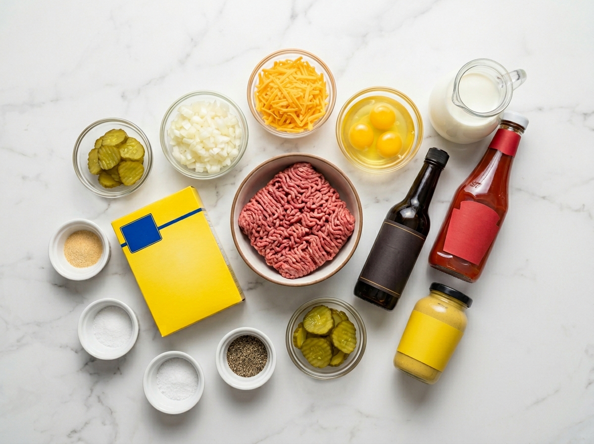 Ground beef, cheddar, eggs, milk, baking mix, and pickles for cheeseburger pie