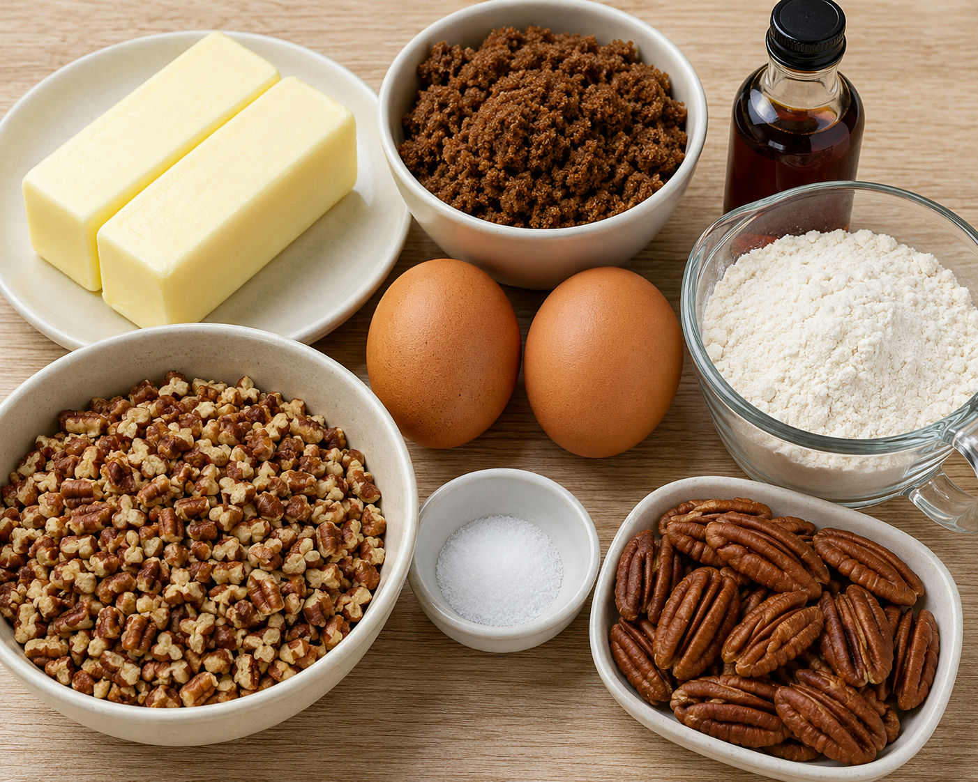Raw ingredients for pecan pie muffins including butter, brown sugar, eggs, flour, and pecans on a wood board