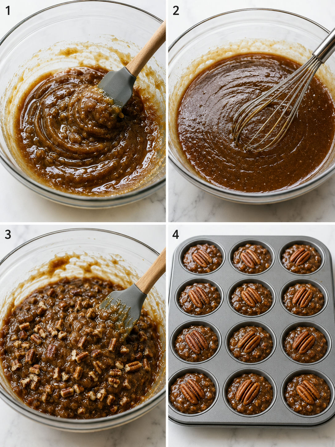 Four cooking steps for pecan pie muffins from mixing butter and sugar to filling the muffin tin