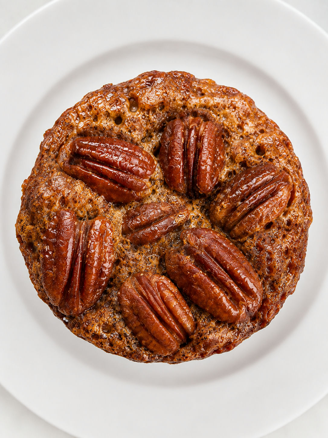Top-down view of a pecan pie muffin with glistening caramel-brown pecan-studded top on a white plate