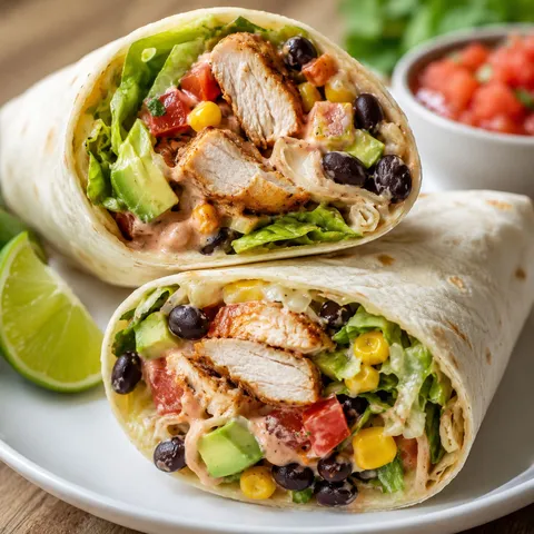 Southwest chicken wrap with black beans, corn, lettuce, tomato, and creamy sauce
