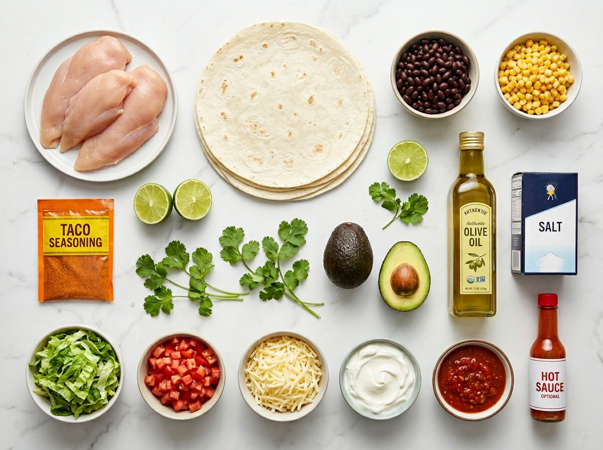 Ingredients for Southwest chicken wraps with chicken, tortillas, beans, corn, and sauce