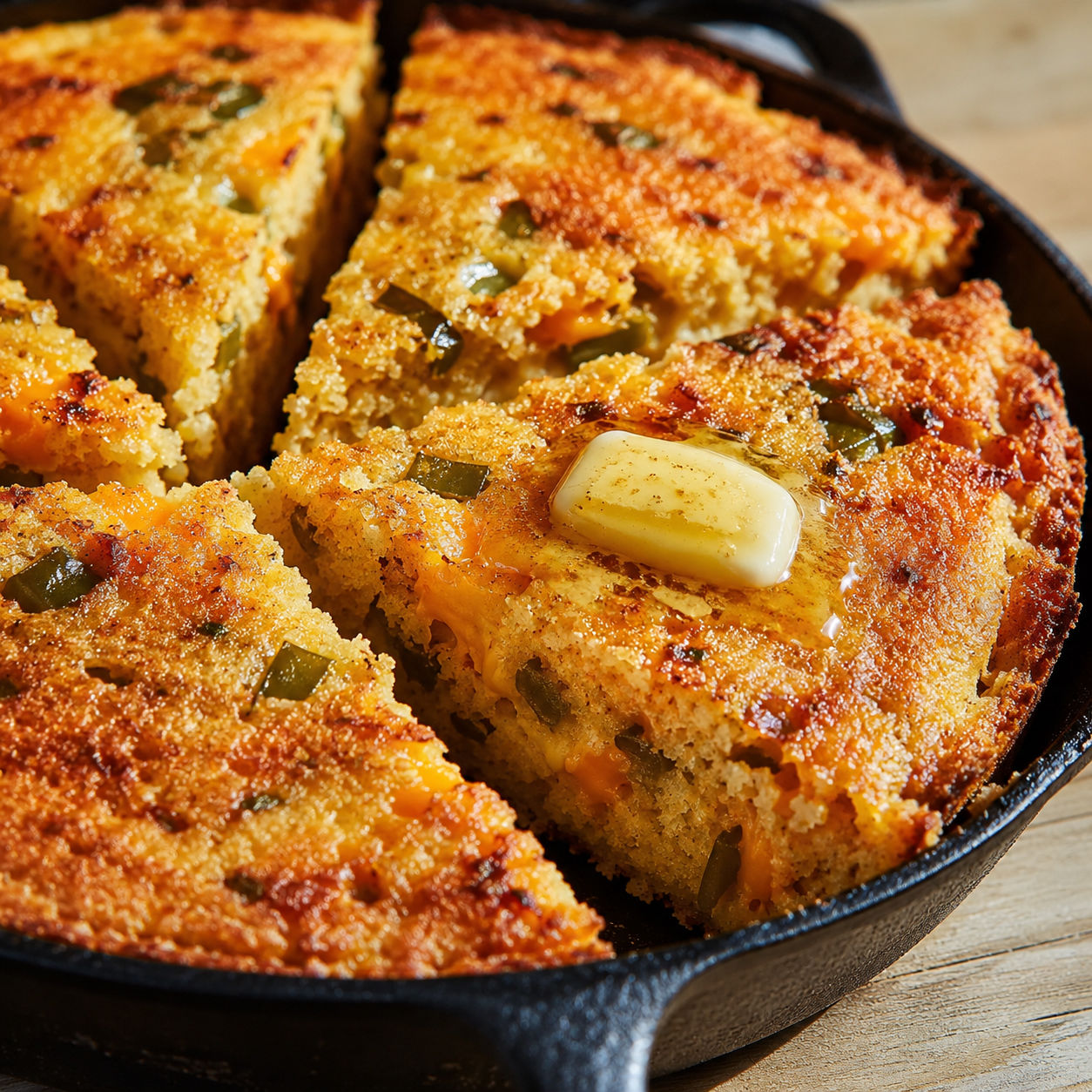 Hatch chile cheese cornbread wedges with melted butter and green chiles