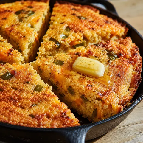 Hatch chile cheese cornbread wedges with melted butter and green chiles