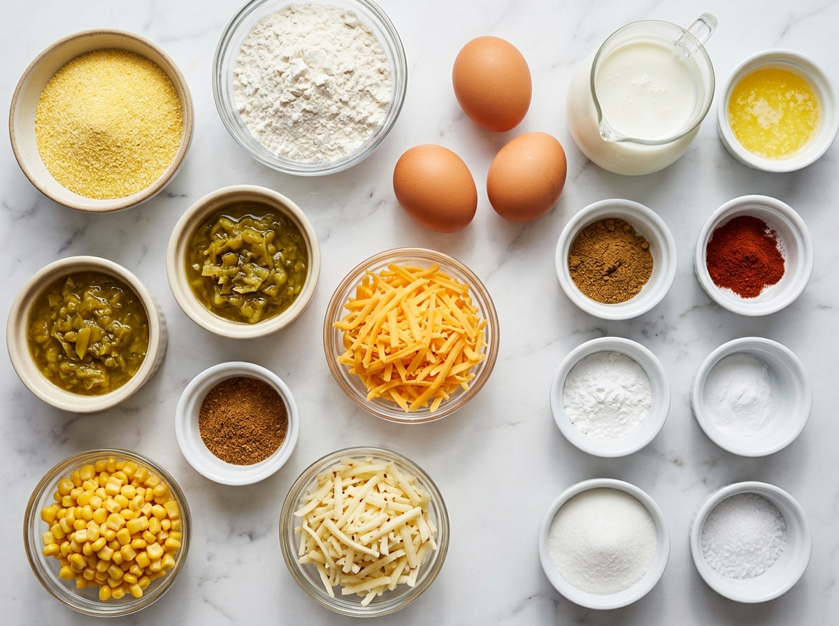 Ingredients for Hatch chile cheese cornbread with cornmeal, chiles, and cheese