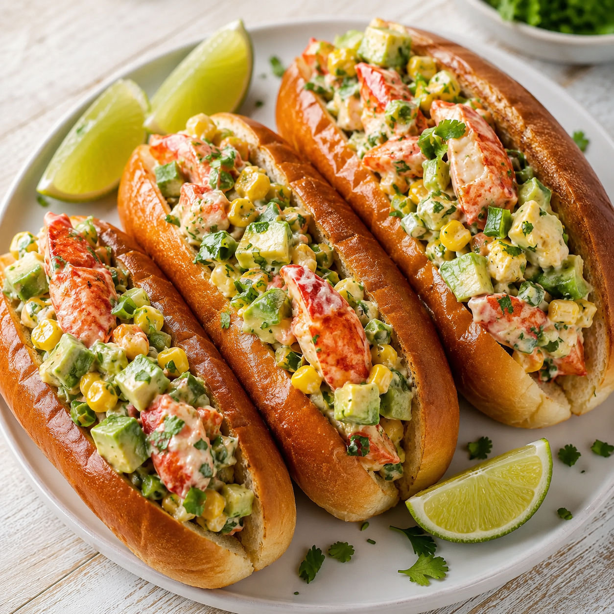 Southwest lobster rolls with avocado, corn, cilantro, and lime