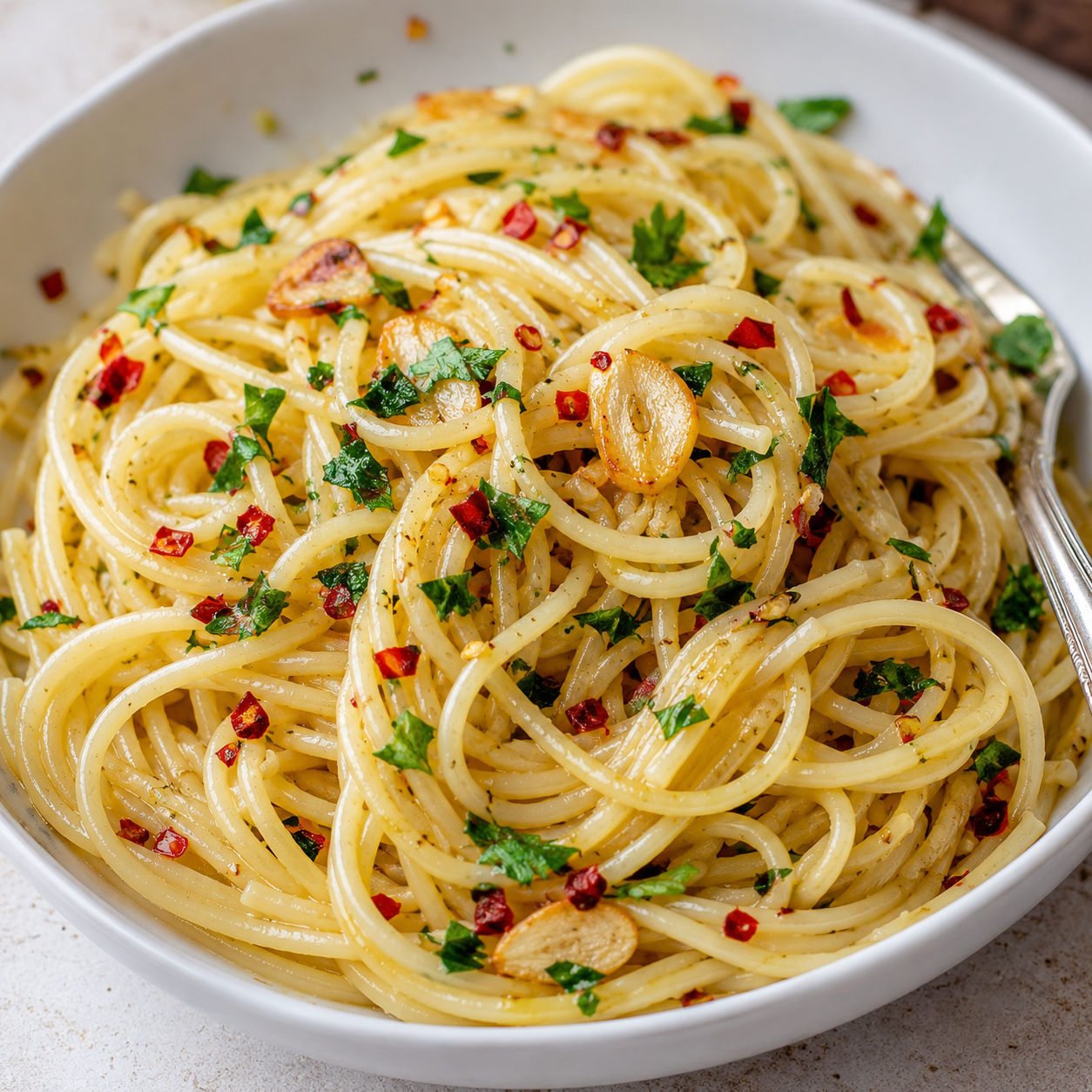 Spaghetti Aglio e Olio with golden garlic, chili flakes, and parsley